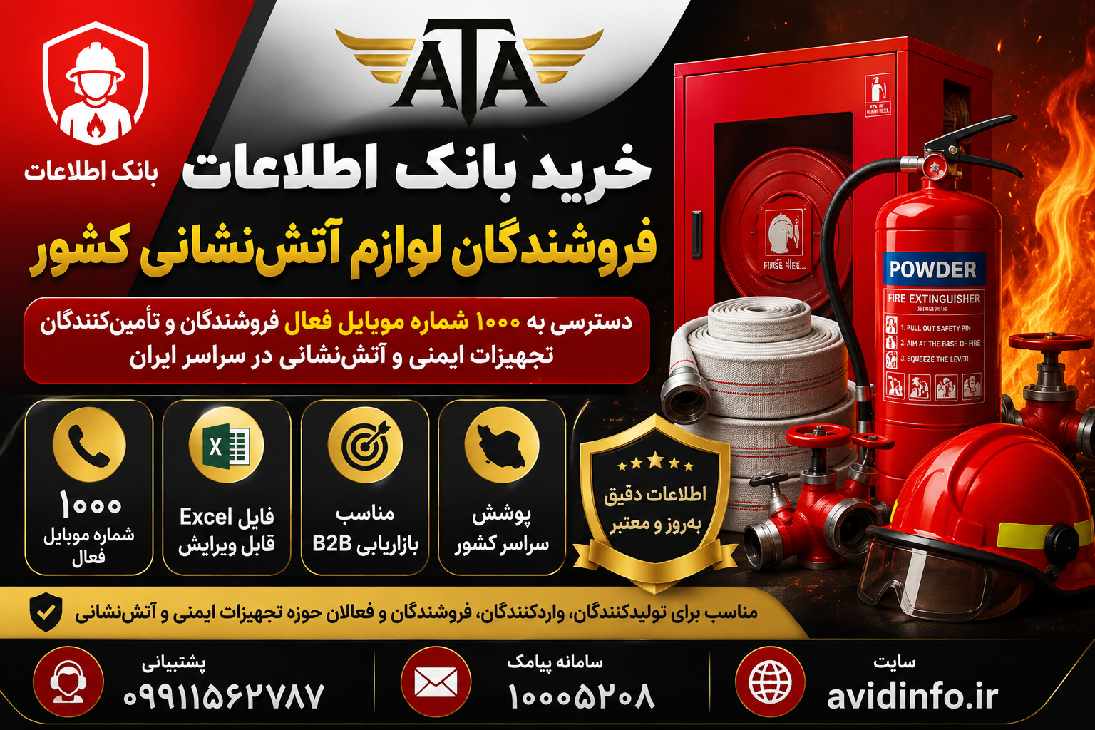 بانک اطلاعات فروشندگان لوازم آتش‌نشانی کشور با مشخصات کامل | ۱۰۰۰ شماره موبایل فعال