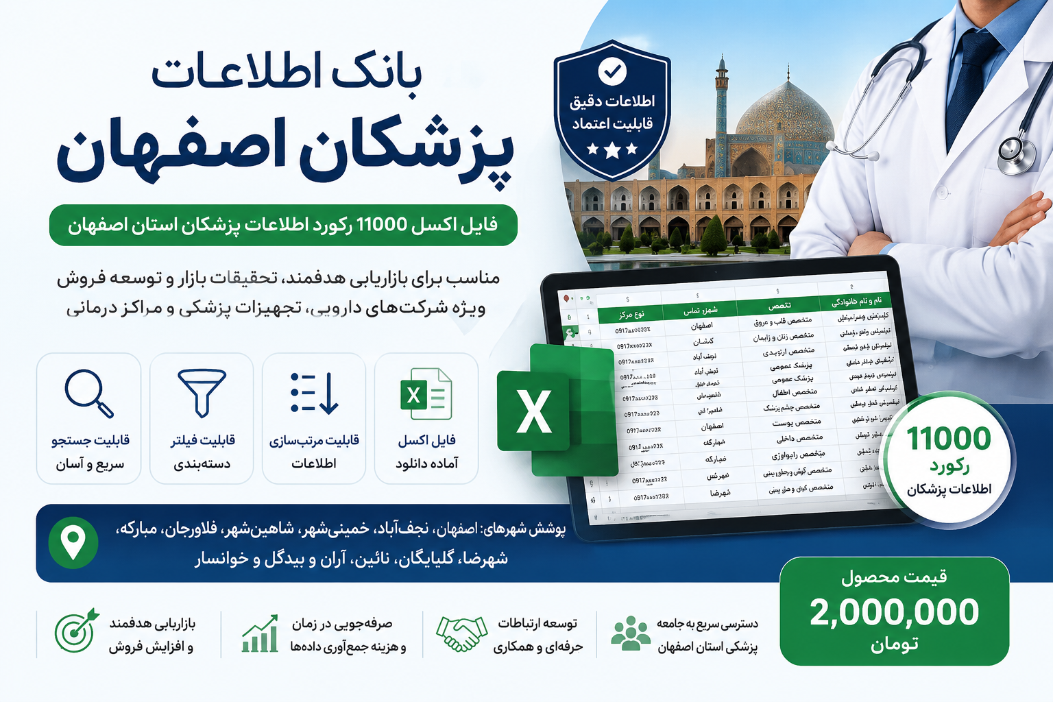 بانک اطلاعات پزشکان استان اصفهان؛ ۱۱۰۰۰ رکورد فایل Excel