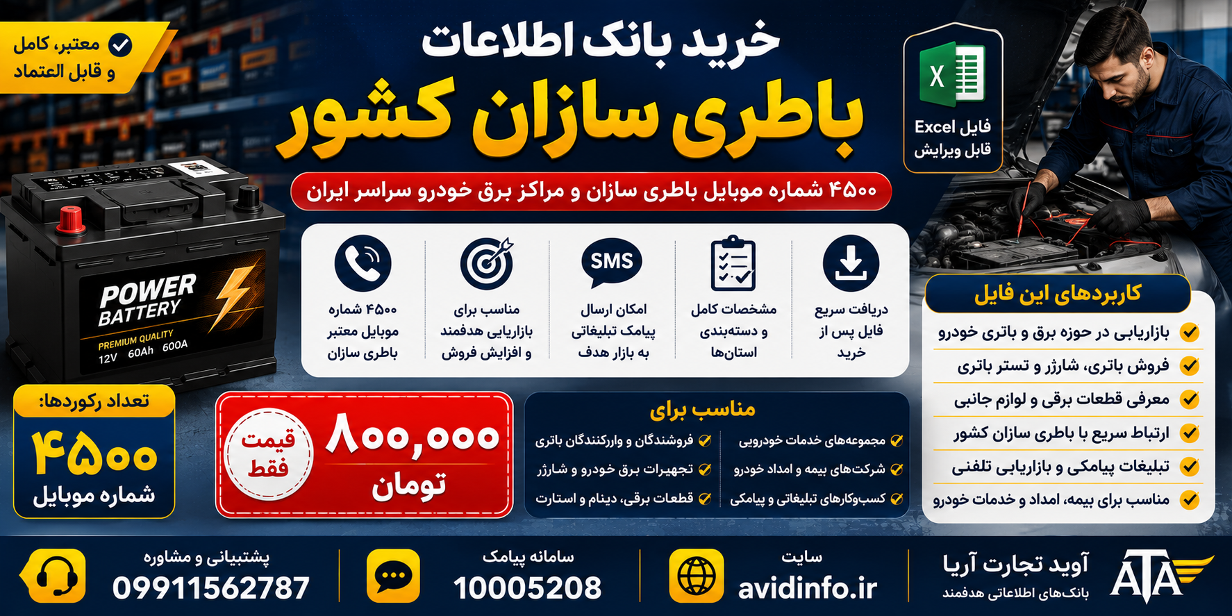 بانک اطلاعات باطری سازان کشور؛ ۴۵۰۰ شماره موبایل با مشخصات کامل