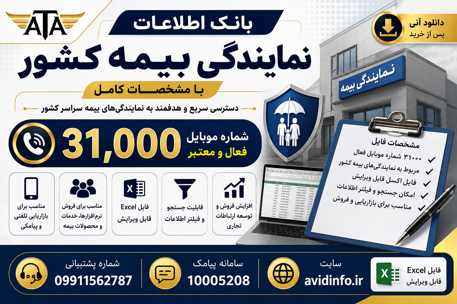 خرید بانک اطلاعات نمایندگی بیمه کشور با مشخصات | ۳۱٬۰۰۰ شماره موبایل فعال