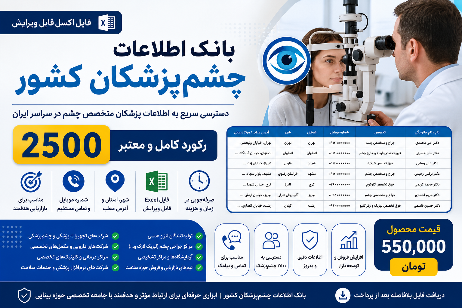 بانک اطلاعات چشم‌پزشکان کشور | فایل اکسل ۲۵۰۰ رکورد کامل