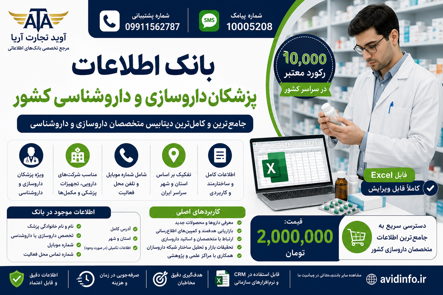 بانک اطلاعات پزشکان داروسازی و داروشناسی کشور | ۱۰,۰۰۰ رکورد | فایل Excel