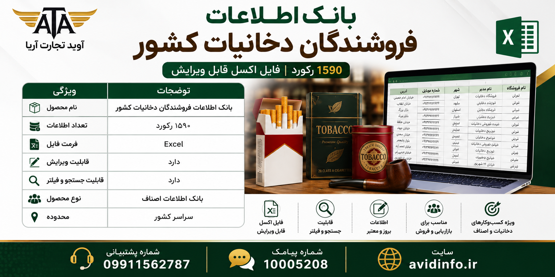 خرید بانک اطلاعات فروشندگان دخانیات کشور | ۱۵۹۰ رکورد | فایل اکسل