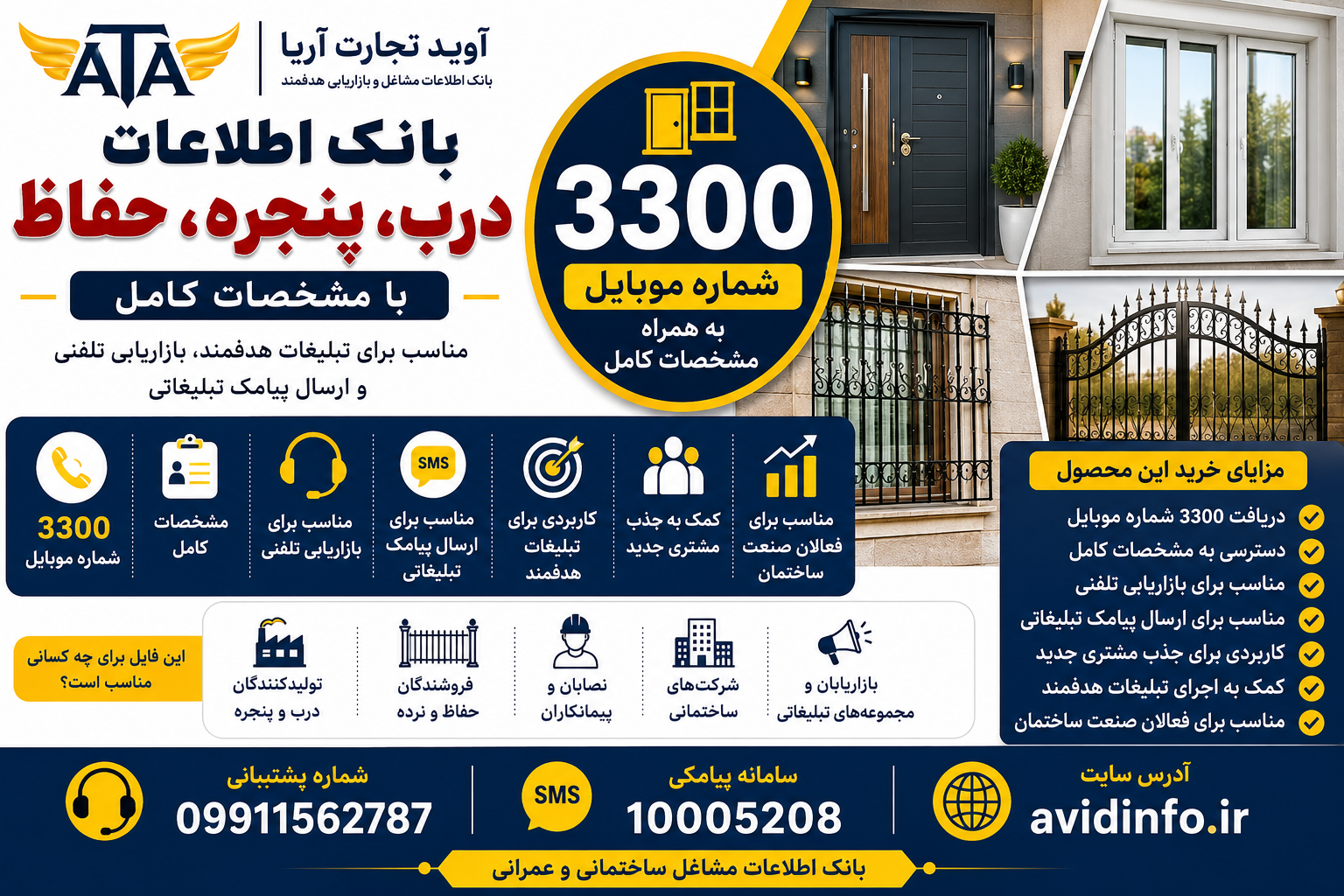 بانک اطلاعات درب، پنجره و حفاظ کشور؛ ۳۳۰۰ شماره موبایل