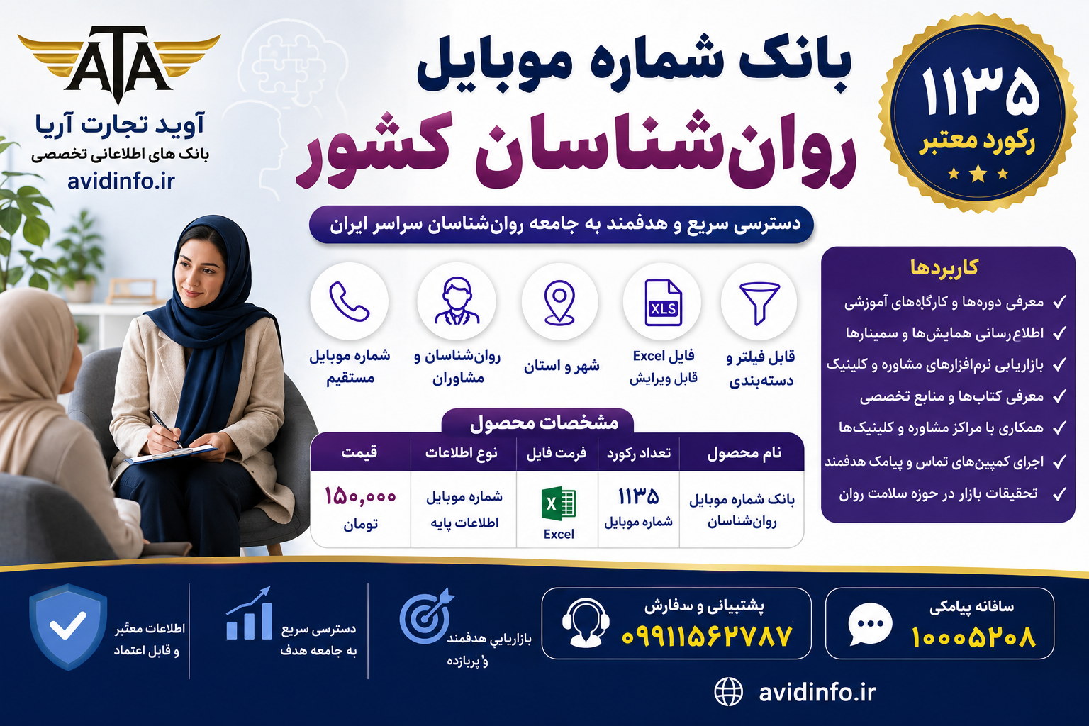 بانک شماره موبایل روان‌شناسان کشور | ۱۱۳۵ رکورد معتبر