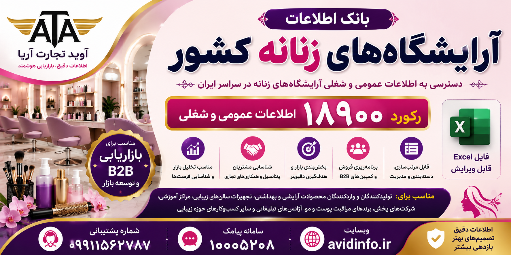 خرید بانک اطلاعات آرایشگاه‌های زنانه کشور | ۱۸۹۰۰ رکورد اطلاعات عمومی و شغلی + فایل Excel