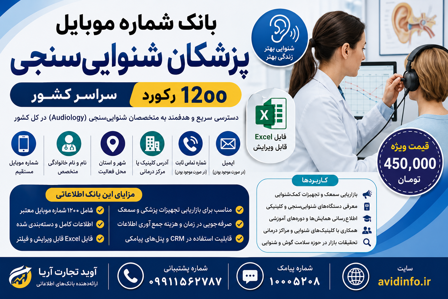 بانک شماره موبایل پزشکان شنوایی‌سنجی | ۱۲۰۰ رکورد کامل + فایل Excel