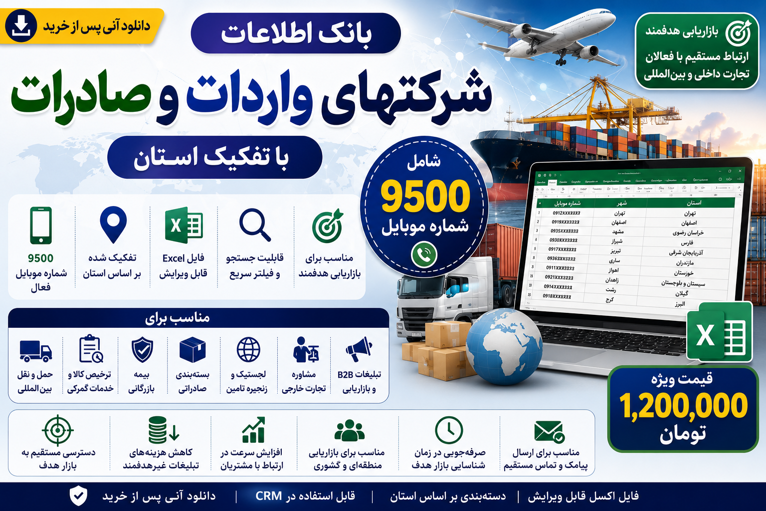 خرید بانک اطلاعات شرکتهای واردات و صادرات با تفکیک استان | ۹۵۰۰ شماره موبایل