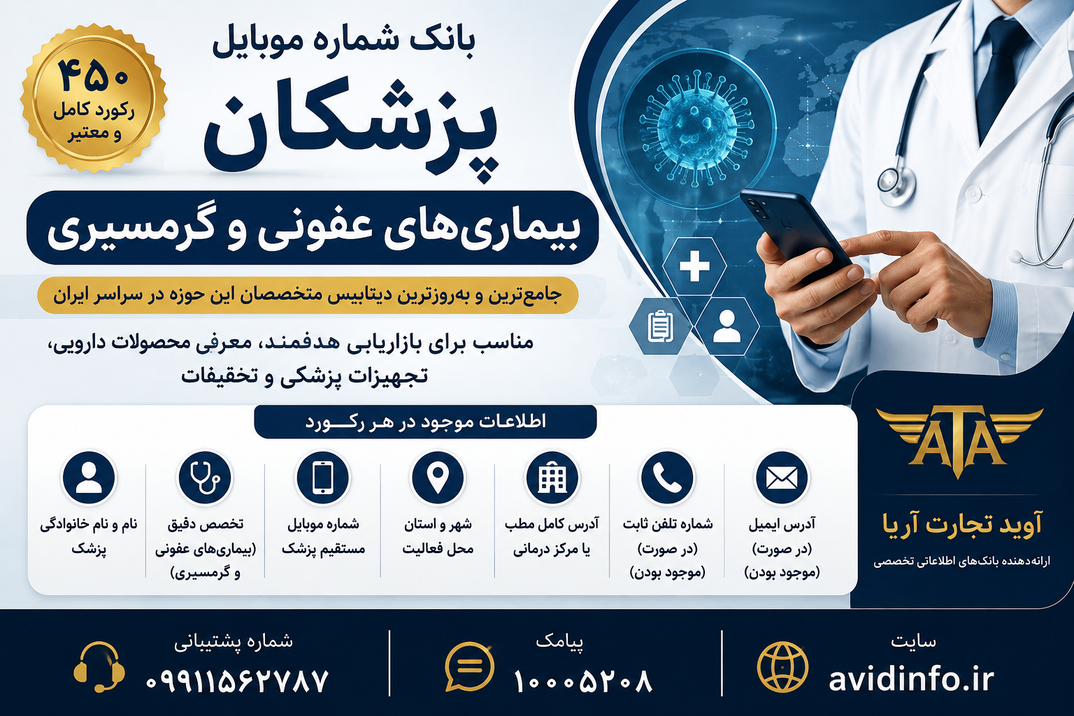 بانک شماره موبایل پزشکان بیماری‌های عفونی و گرمسیری | ۴۵۰ رکورد کامل و معتبر