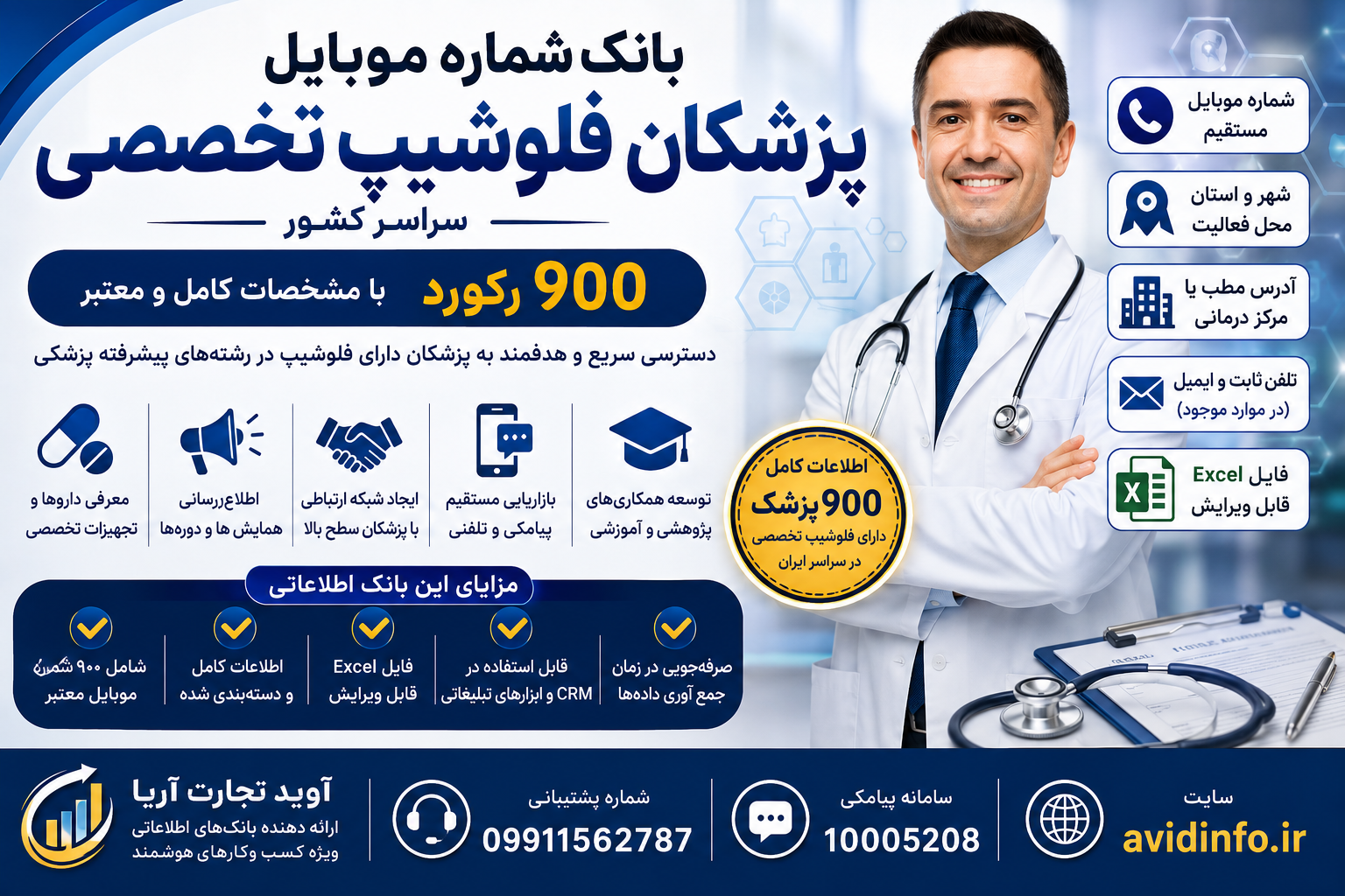 بانک شماره موبایل پزشکان فلوشیپ تخصصی | ۹۰۰ رکورد کامل + فایل Excel