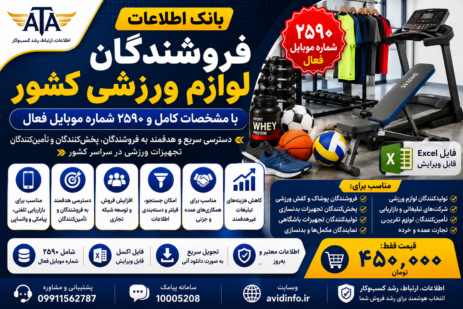 خرید بانک اطلاعات فروشندگان لوازم ورزشی کشور با مشخصات کامل | ۲۵۹۰ شماره موبایل فعال