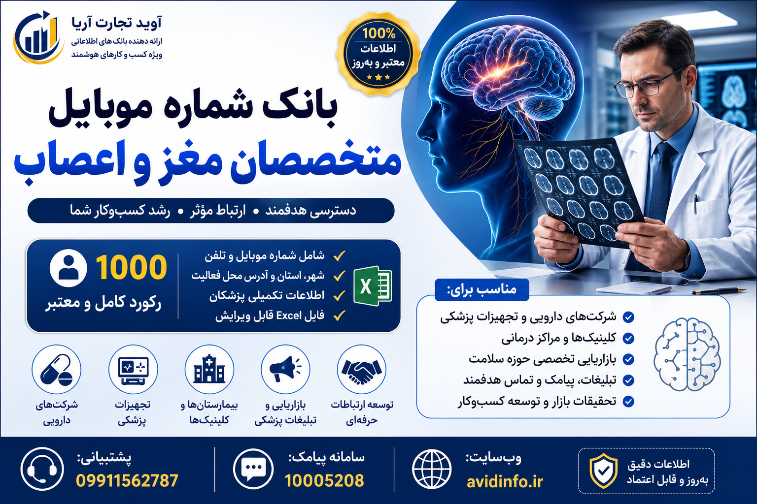 بانک شماره موبایل متخصصان مغز و اعصاب | ۱۰۰۰ رکورد کامل + فایل Excel