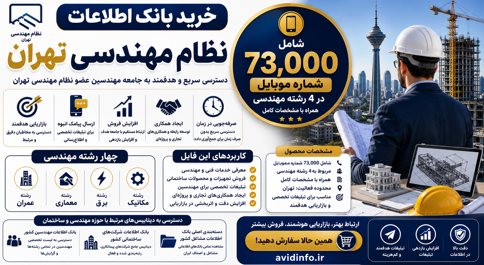 بانک اطلاعات نظام مهندسی تهران | ۷۳,۰۰۰ شماره موبایل ۴ رشته + مشخصات + فایل Excel