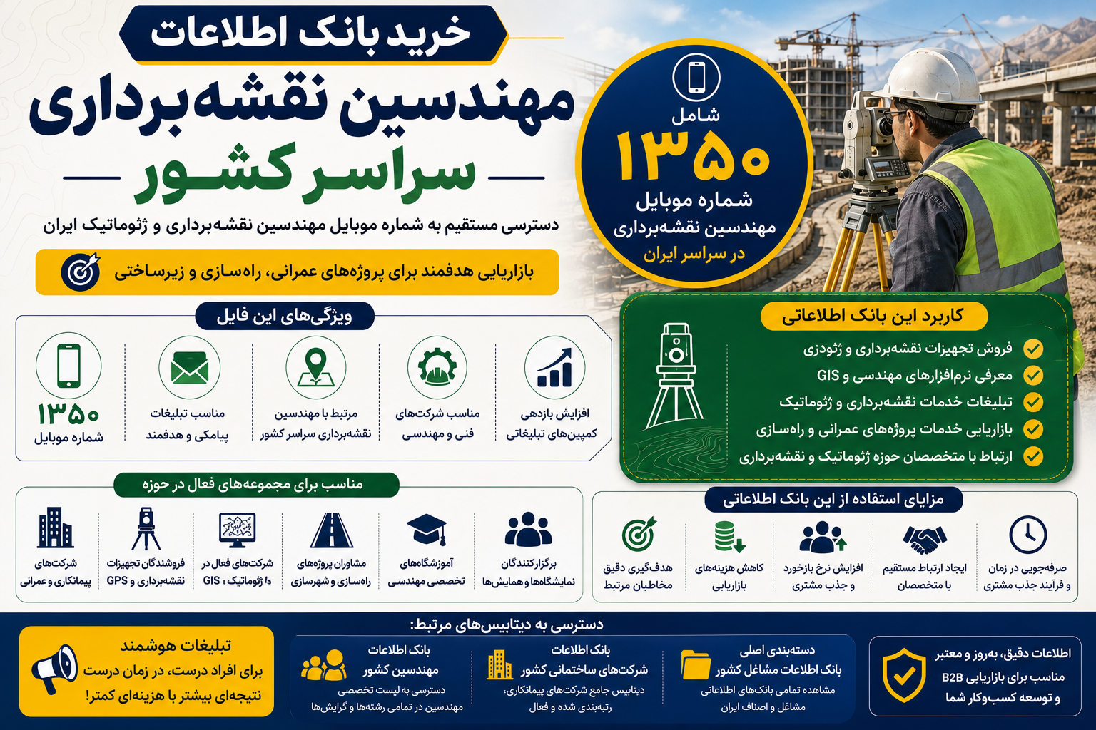 بانک اطلاعات مهندسین نقشه‌برداری کشور | ۱,۳۵۰ شماره موبایل + فایل Excel