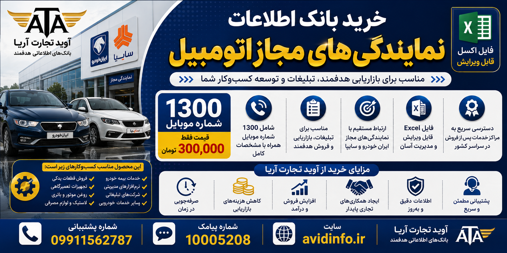بانک اطلاعات نمایندگی های مجاز اتومبیل؛ ۱۳۰۰ شماره موبایل با مشخصات کامل