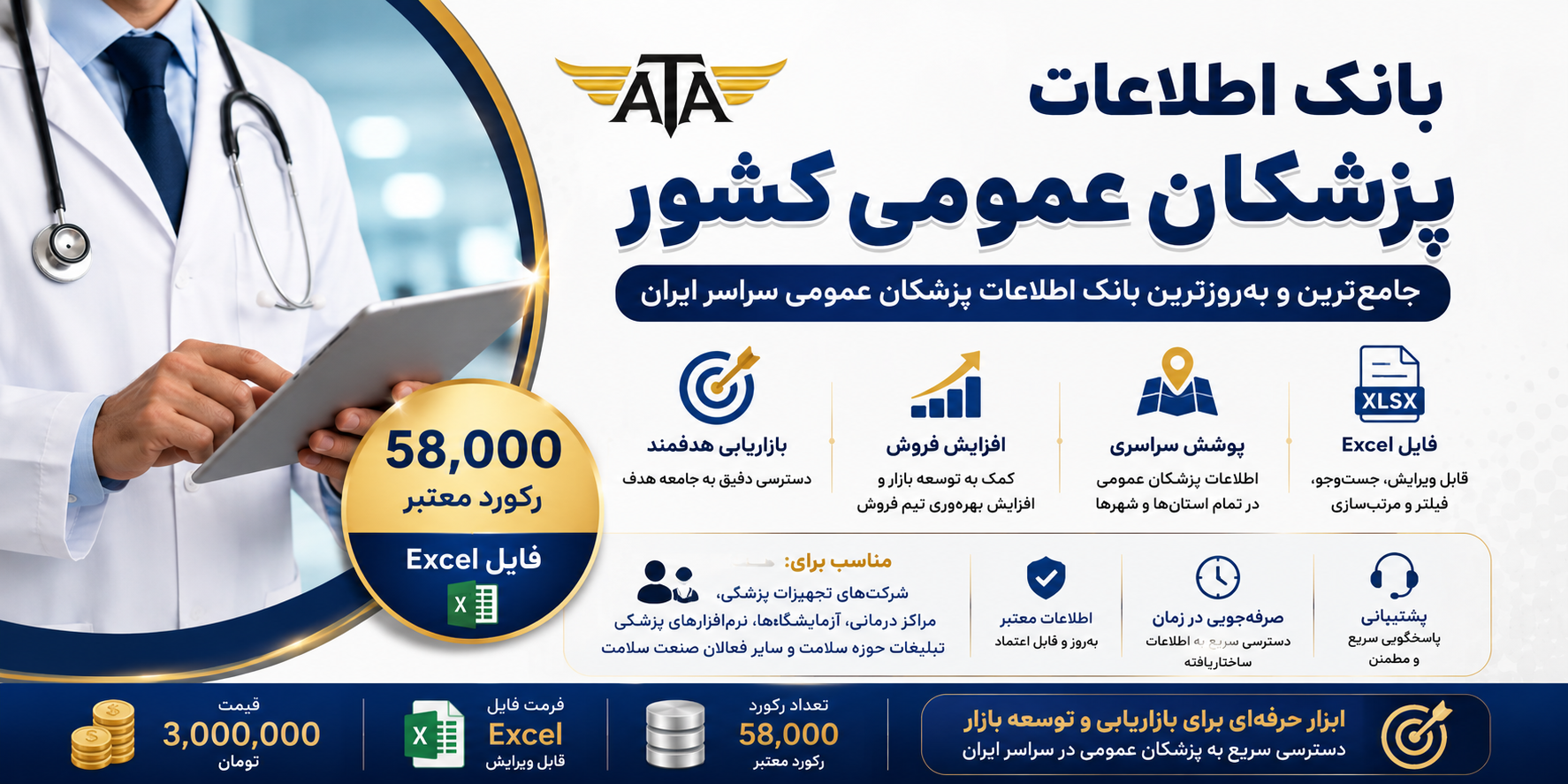 بانک اطلاعات پزشکان عمومی کشور؛ ۵۸۰۰۰ رکورد در فایل Excel