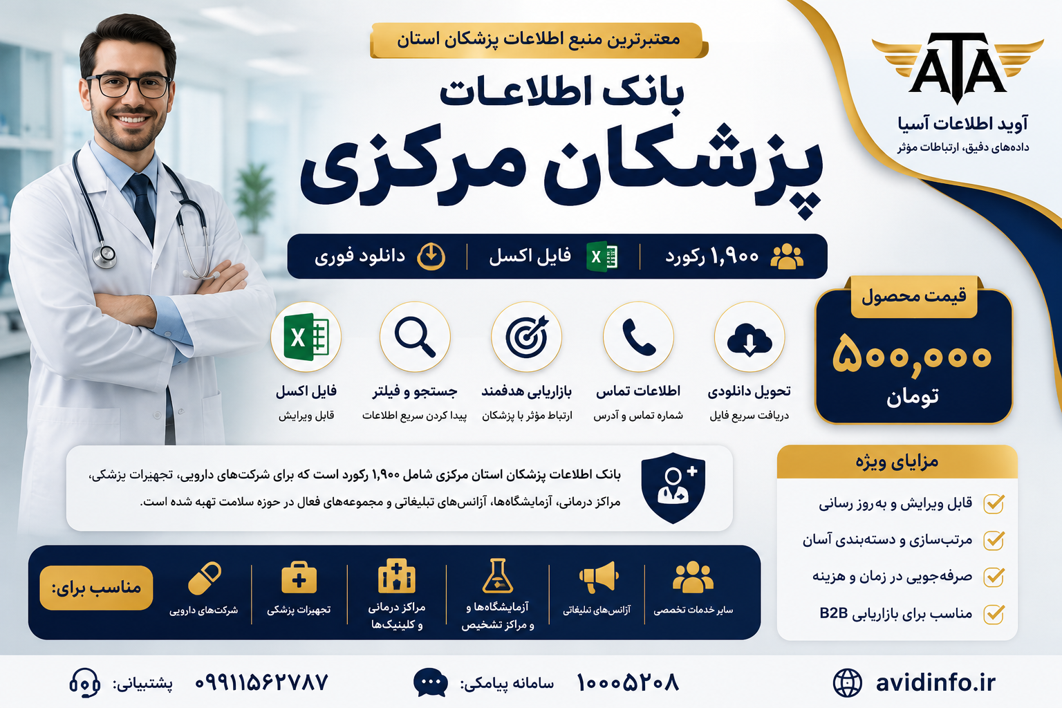 بانک اطلاعات پزشکان استان مرکزی؛ ۱۹۰۰ رکورد فایل Excel