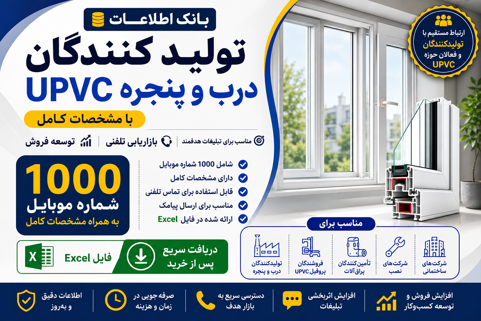بانک اطلاعات تولید کنندگان درب و پنجره UPVC؛ ۱۰۰۰ شماره موبایل