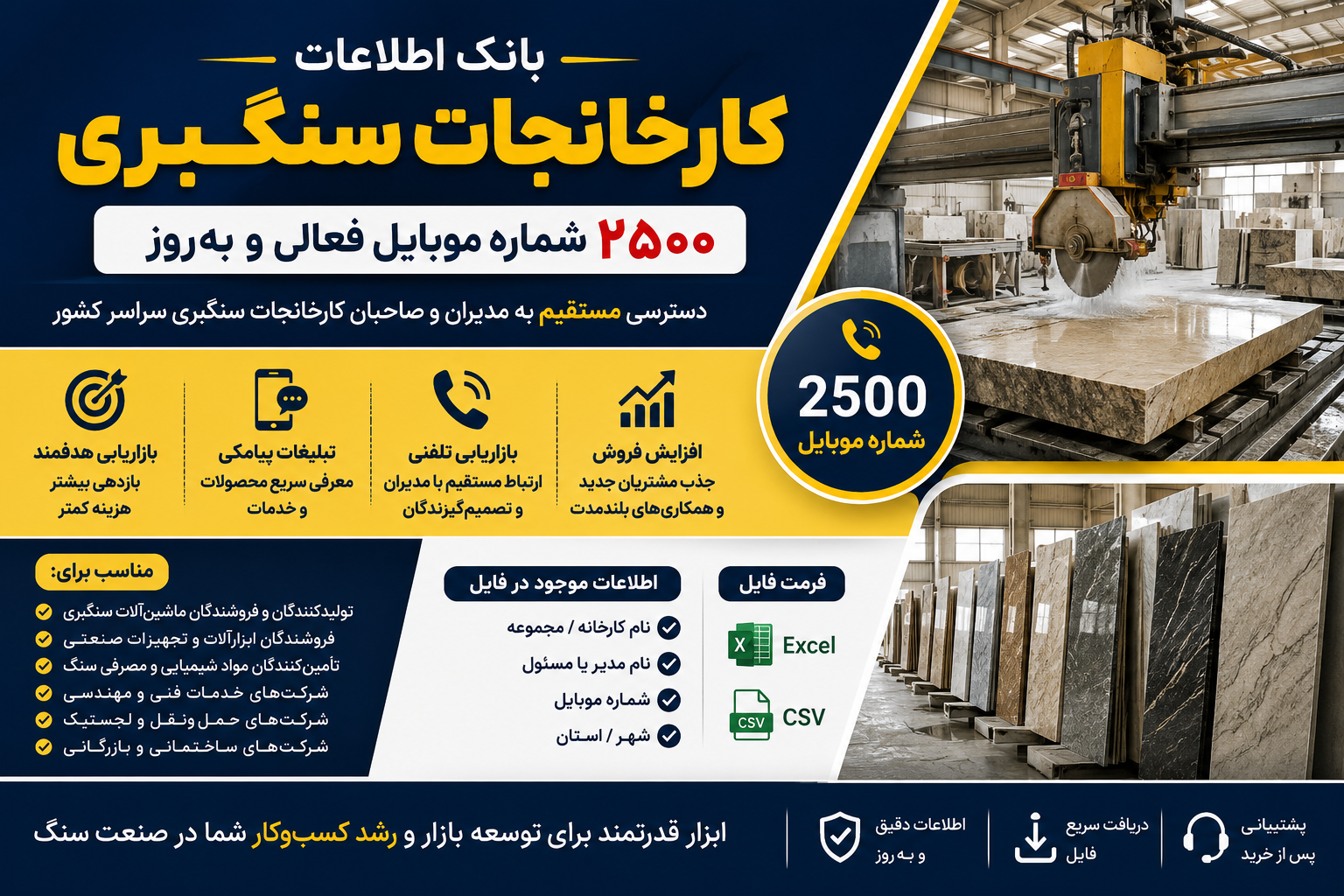 بانک اطلاعات و شماره موبایل کارخانجات سنگبری | ۲۵۰۰ شماره موبایل