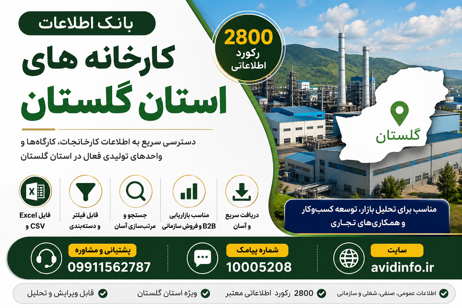 بانک اطلاعات کارخانجات صنعتی گلستان با مشخصات | 2800 رکورد فایل اکسل و CSV