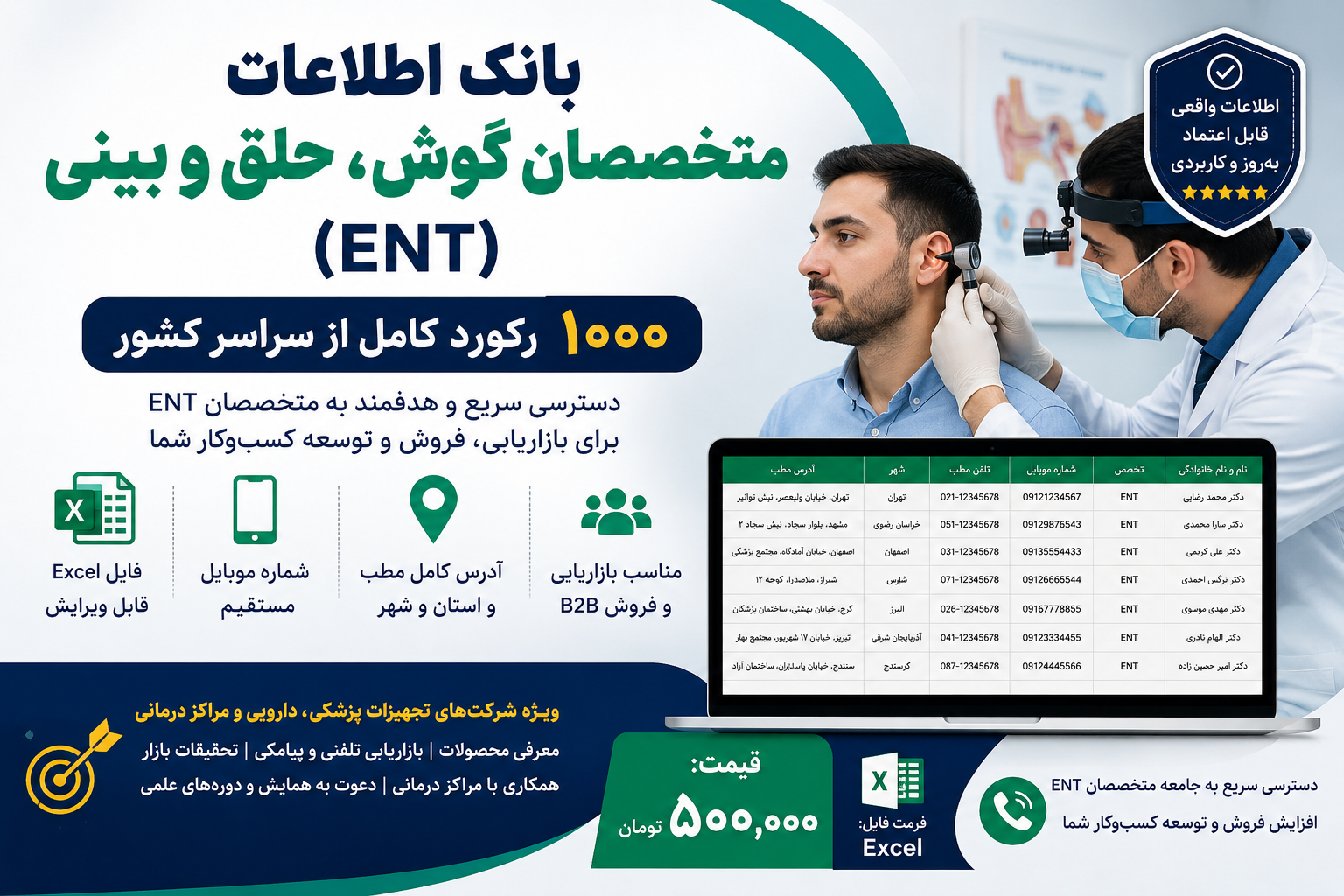 خرید بانک اطلاعات متخصصان گوش، حلق و بینی کشور | ۱۰۰۰ رکورد فایل اکسل