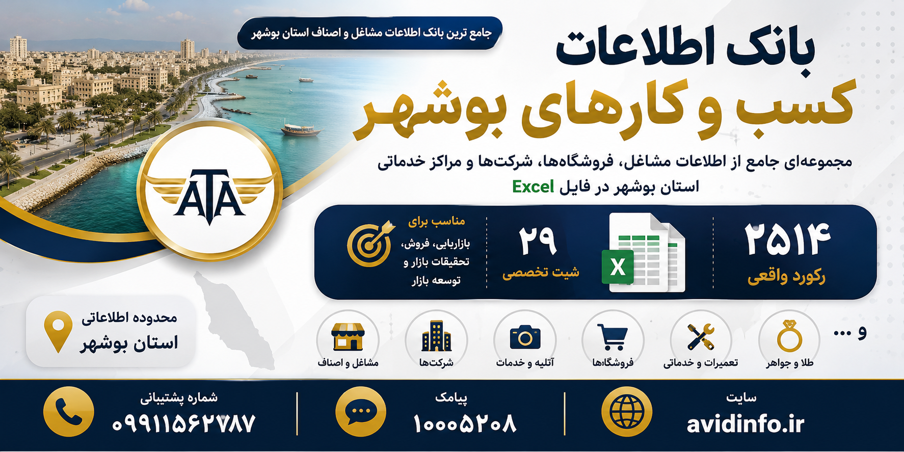 بانک اطلاعات و شماره موبایل کسب و کارهای بوشهر | ۲۵۱۴ رکورد