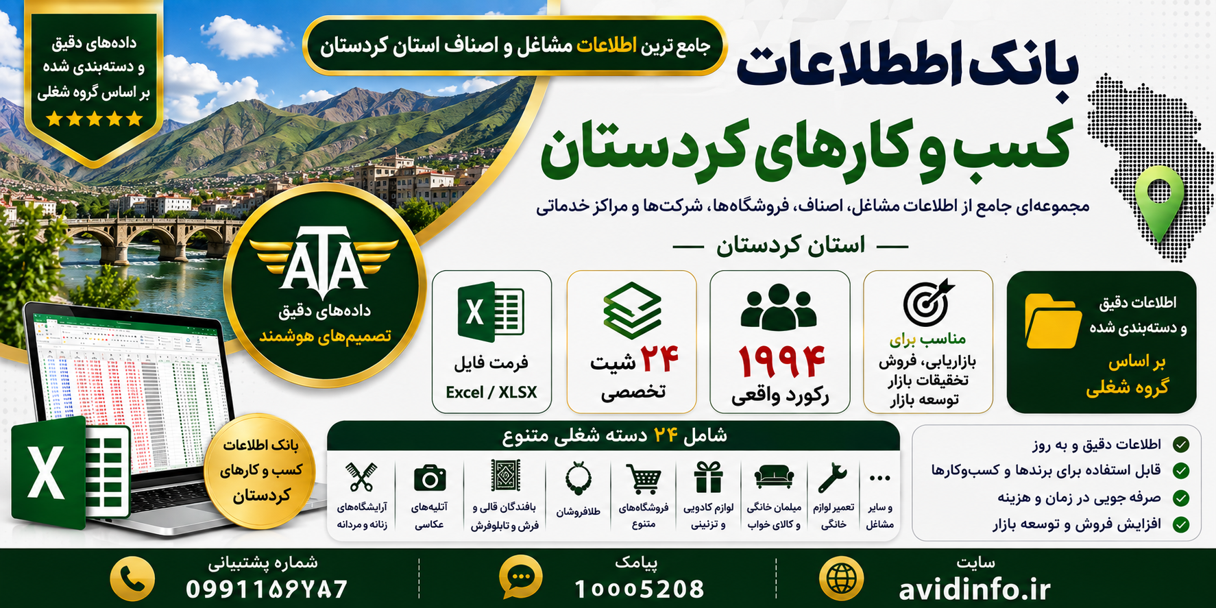 بانک اطلاعات کسب و کارهای کردستان | ۱۹۹۴ رکورد و ۲۴ شیت