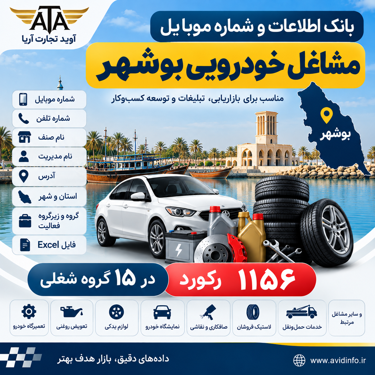 بانک اطلاعات و شماره موبایل مشاغل خودرویی بوشهر | ۱۱۵۶ رکورد