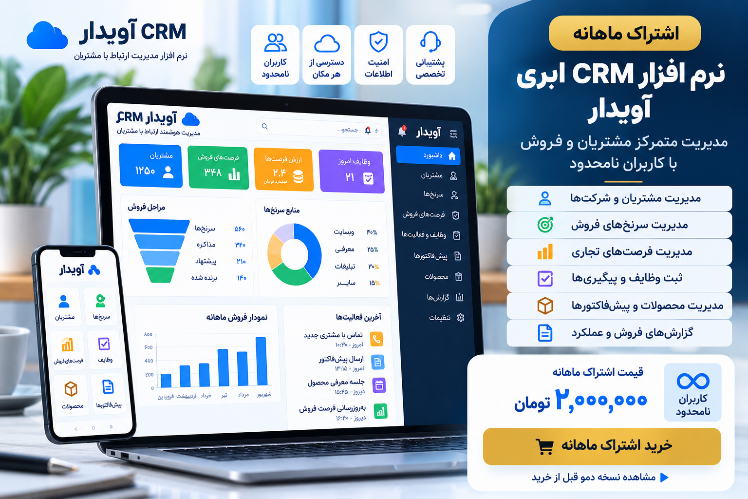 خرید اشتراک ماهانه نرم افزار CRM ابری آویدار با کاربران نامحدود